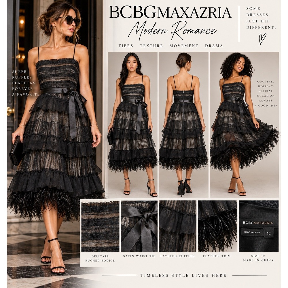 BCBGMAXAZRIA Black Silk Feather Trim Tiered Ruffle Midi Dress Size 12